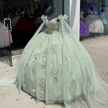 Mėtos žalumo Quinceanera Suknelės Spageti Dirželis Su Wrap Saldus 15 Chalatai 3D Gėlių Granulių Vestidos De Quinceañera