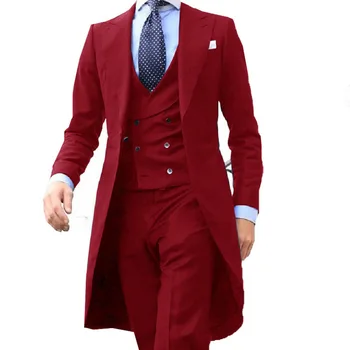 Naujas Atvykimo Ilgas Kailis Dizaino Kinijos Raudona Vyrai Tinka Švelnus Smokingas Prom Švarkas Kostiumas Homme Vestuvių Jaunikis Elegantiškas Vyrų Šluostės