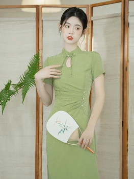 Naujas Kinų Stiliaus Vyresnysis Žalia Žakardo Šiuolaikinių Jaunų Šalies Cheongsam Moteriška Suknelė Trumpomis Rankovėmis Mados Elegantiška Suknelė Vestidos