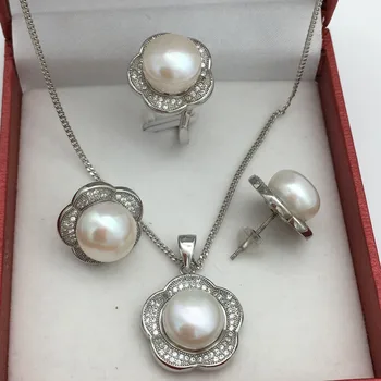 Naujas natūralūs gėlo vandens 10-11MM perlų karoliai pakabukas, žiedas auskarai Tibeto sidabro rinkinys