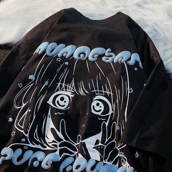 Negabaritinių T Shirts Y2k Anime Medvilniniai moteriški Marškinėliai Mergina Spausdinti Rūbų, Grafinis Kawaii Streetwear Marškinėliai Harajuku Grunge Viršūnės