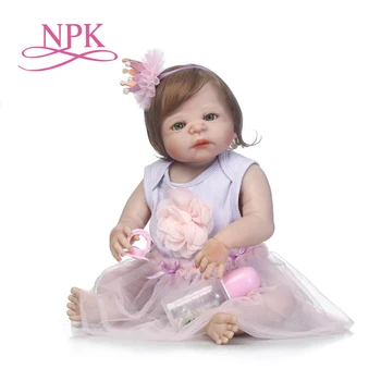 NPK 57cm mielas visą silikono sumilation realybės naujagimiui mergina su karūna šukuosena silikono reborn baby lėlės