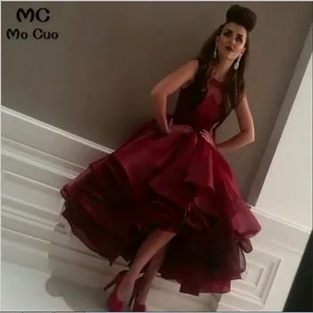 Nuostabus Nuostabus 2018 Kamuolys Hi Lo Suknelė Raukiniai Organza Kelių Sluoksnis vakarinę suknelę Vyno Raudona Oficialus Moterų Prom Dresses