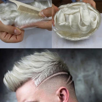 Platinum Blonde Pilka Toupee Vyrų Žmonių Plaukų Perukai 0.03-0.04 MM, Pilna Plonos Odos PU Vyras Kapiliarų Protezavimas Vienetas Endoprotezavimo Sistemos