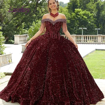 Prabanga Bordo Quinceanera Suknelės Kamuolys Suknelė Moterims Mergaitė Princesė Maskuotis Saldus 16 Ilgą Prom Dress 15 Metų