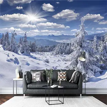 Pritaikyti 3D freskomis ir tapetai gamtos peizažai žiemos pušyne, kalnai ir snieguotas dienas