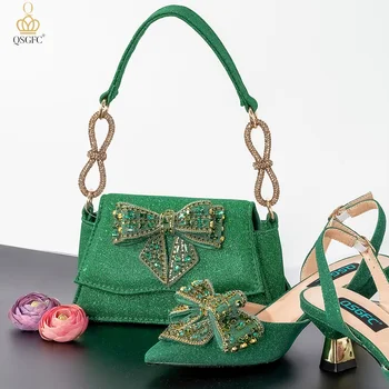 QSGFC 2023 italijos Dizaino Žalia Elegantiškas Ponios Mados Crystal Bow Pažymėjo Tne Batai Kasdien arba Šalies Batų Maišelį Rinkinys Moterims