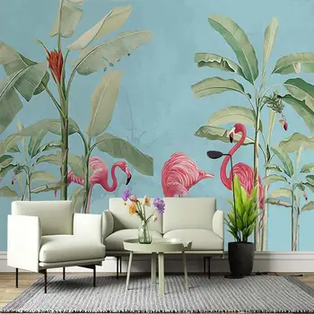 Rankomis dažyti Šiaurės šviežių augalų, bananų lapų, flamingo 3D individualų miegamasis, svetainė, sofa-lova, TV foną, siena, sienų, sienos
