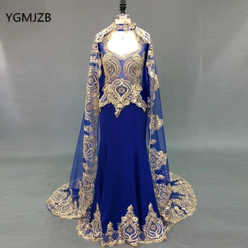 Royal Blue Musulmonų Undinė Vakaro Suknelės 2020 Ilgomis Rankovėmis Aukso Siuvinėjimai Zawalcowany Kristalai Su Žaliuoju Ilgai Oficialų Vakare Gown