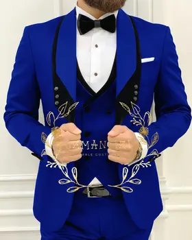Royal Blue Tinka Vyrų Slim Fit Oficialią Vestuvių Tuxedos Mados Mens Švarkas Liemenę, Kelnes 3 Gabalus Verslo Grupė Prom Striukės