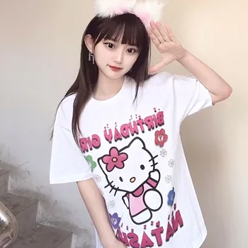 Sanrio Hello Kitty Medvilnės Naujas Vasaros Prarasti trumpomis Rankovėmis T-Shirt Viršų Moteriška Tamsiai Spausdinti Mergaitė Cute ir Saldus Drabužius Harajuku Y2k