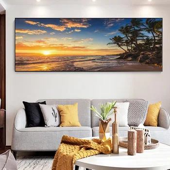 Saulėlydžiai, Natūralios Jūros Paplūdimio Kokoso Palmių Aliejaus Tapyba ant Drobės, Plakatų ir grafikos Cuadros Sienos Menas Nuotraukas Kambarį
