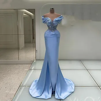 Sky Blue Undinė Vakaro Suknelės Nuo Peties Blizgančiais Promenadzie Suknelė Saudo Arabija Modernus Pusėje Padalinta Šalis Suknelė 2023