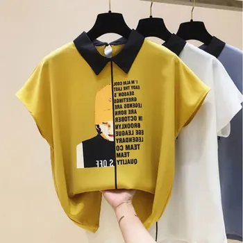 Streetwear Stilingas Raštas Atspausdinta Marškinėliai moteriški Drabužiai Turn-žemyn Apykaklės Vasaros trumpomis Rankovėmis Atsitiktinis Palaidų Kratinys Nauja Palaidinė