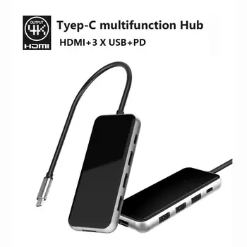 Tipas-C Hub 5 in 1 Tipas-C HD-MI Kroviklis 3 USB 3.0 Port Hub Adapteris Dock For PC Nešiojamas Maitinimo Adapteris HD-MI 4K PD greitas įkroviklis