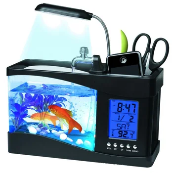 USB Desktop Mini Žuvų Bakas Betta Akvariumą su LED Šviesos skystųjų KRISTALŲ Ekranas ir Laikrodžio Nemokamai Akmenukai Žuvų Kovos Cilindras