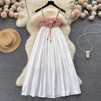 Vasaros Gėlių Suspender Plisuotos Suknelė Nėrinių Susiuvimo Dizaino Atostogų Stiliaus Sijonas