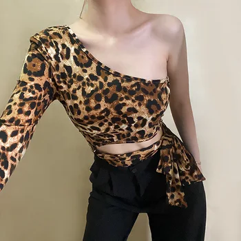 Vasaros Leopardas Spausdinti Moterų Pasviręs Apykaklės Viršūnes Naujas ilgomis rankovėmis Seksualus Slim-fit Nėrinių Itin trumpi marškinėliai moteriški Drabužiai