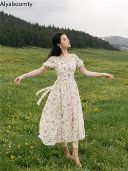 Vasarą Moterys Midi Vintage Suknelė V Kaklo Gėlių Siuvinėjimas Subtilus Šifono Suknelė Sluoksniuotos Rankovėmis Prairie Prašmatnus, Moteriškas, Elegantiškas Suknelė