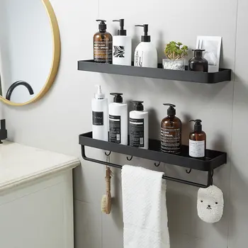 Vonios rankšluosčių džiovykla kosmoso aliuminio lentyna juoda lentyną su kabliu šampūnas stovo virtuvės lentynos drabužiams vonios kambarys pakabukas