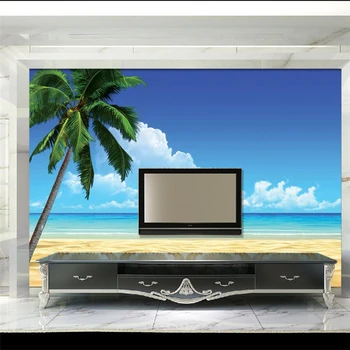 wellyu tapetai sienos 3d Užsakymą tapetai Mėlynas dangus, balti debesys jūros paplūdimio kokoso palmių paprasta sea view fono sienos