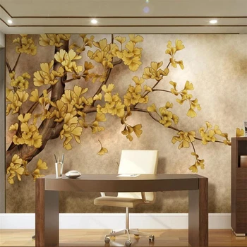 wellyu Užsakymą tapetai 3D freskomis ranka-dažytos Kinijos ginkgo medžio обои fono sienos gyvenimo kambario, miegamasis freskos 3d tapetai