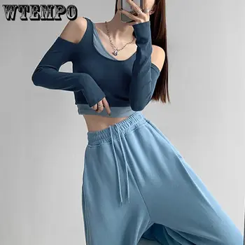 WTEMPO 2023 Naujas Kratinys moteriški Marškinėliai Netikrą Dviejų dalių ilgomis Rankovėmis Y2K Apkarpyti Viršūnes Moterų Mados Slim Marškinėliai Streetwear