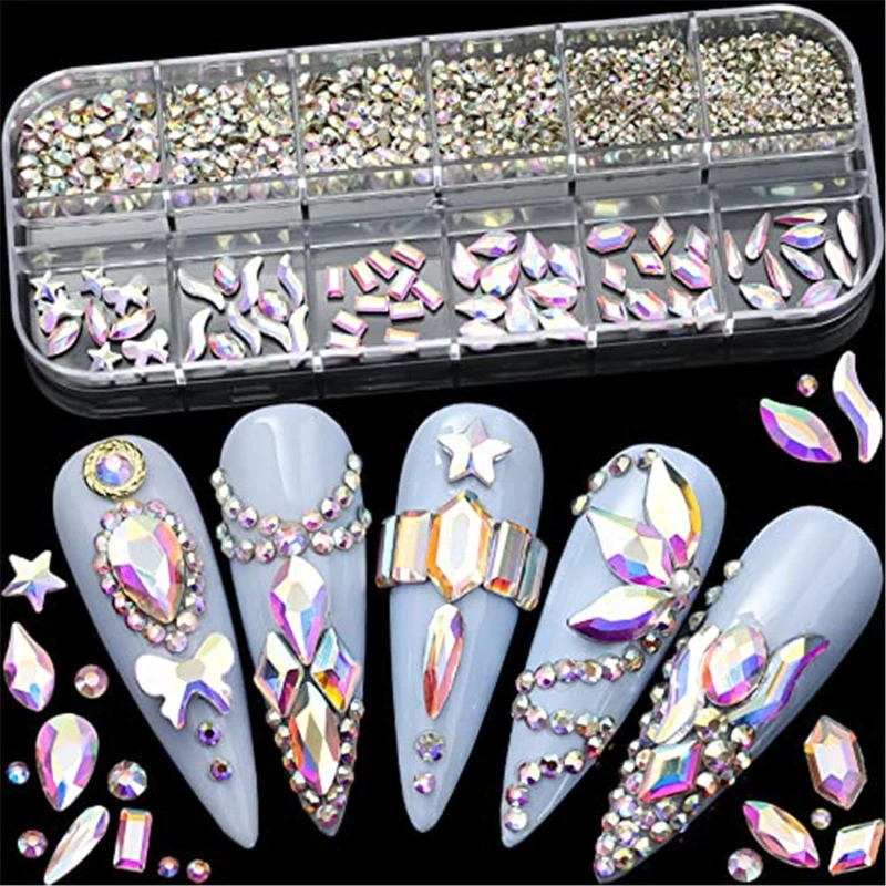 11UF Įvairių Formų Stiklo Kristalų, Cirkonio Nails Art 3D Papuošalai Sumaišyti Dydžių FlatBack Nagų Kristalai, Brangakmeniai su dėžute