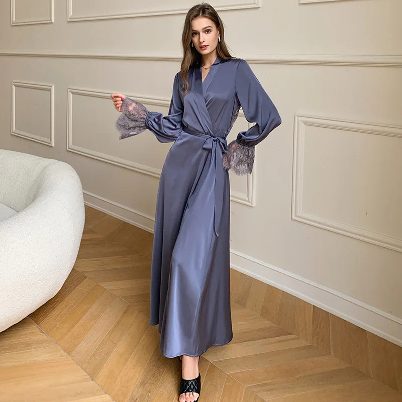 Ilgas Rankovėmis Varpo Naktiniai Drabužiai Elegantiškas Ilgas Chalatas, Sexy Nėrinių Kratinys Sleepwear Moterų Prancūzų Stiliaus Pižamą Backless Loungewear