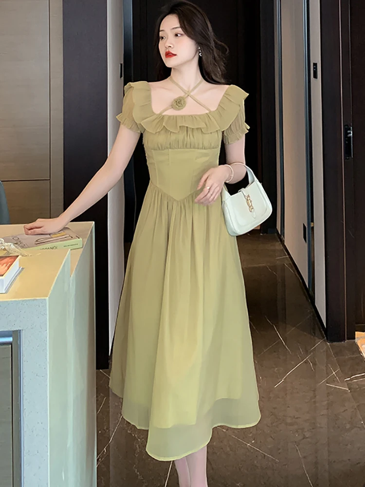 Moterų Žalia Akių Prašmatnus Sluoksniuotos Rankovėmis Susiėmę Aikštėje Apykaklės Ilga Suknelė 2023 Vasaros Korėjos Mados Elegantiškas Bodycon Prabangos Paplūdimio Suknelė