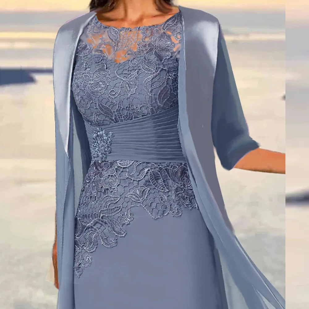 Motina Nuotakos Suknelės Midi Dulkių Mėlyna Ilgis Rankovės Gėlių Aplikacija Ruched Sluoksniuotos Rudenį Įgulos Kaklo Elegantiškas Brandžios