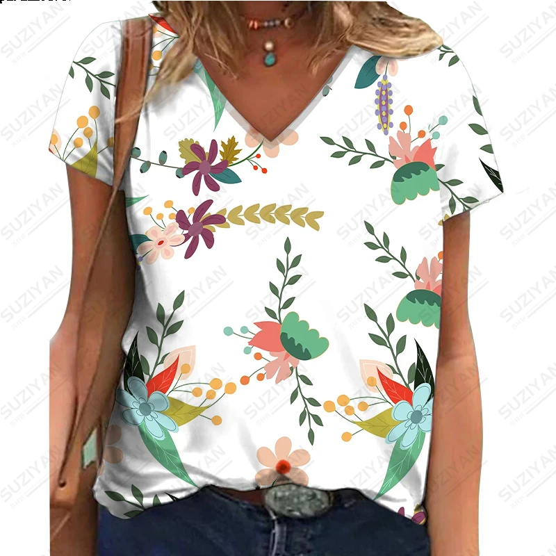 Naujas trumpomis Rankovėmis V-Kaklo, moteriški marškinėliai Gėlių Spausdinti Temperamentas Moterų Top Prarasti trumpomis Rankovėmis T-shirt Karšto Pardavimo Vasarą