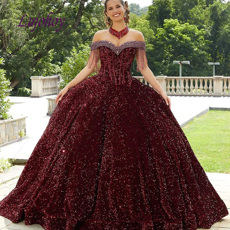 Prabanga Bordo Quinceanera Suknelės Kamuolys Suknelė Moterims Mergaitė Princesė Maskuotis Saldus 16 Ilgą Prom Dress 15 Metų