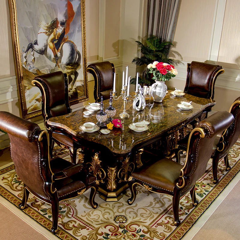 Prabanga vila Europos stiliaus valgomasis stalas ir kėdės derinys medžio drožyba natūralaus marmuro ilgai, valgomasis stalas ir kėdės