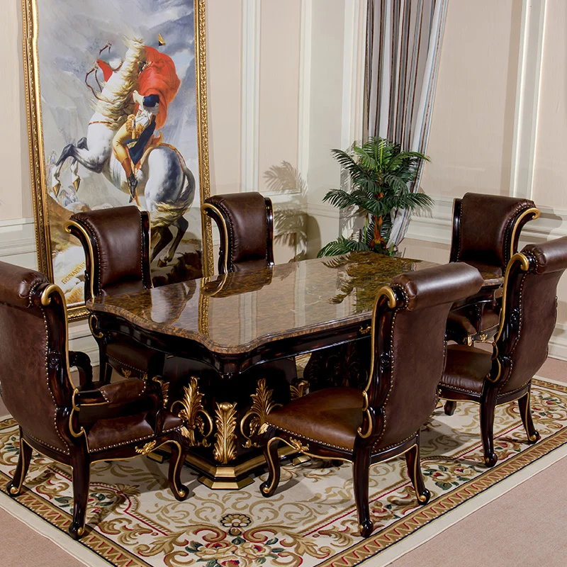 Prabanga vila Europos stiliaus valgomasis stalas ir kėdės derinys medžio drožyba natūralaus marmuro ilgai, valgomasis stalas ir kėdės