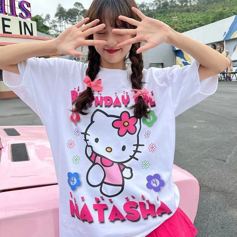 Sanrio Hello Kitty Medvilnės Naujas Vasaros Prarasti trumpomis Rankovėmis T-Shirt Viršų Moteriška Tamsiai Spausdinti Mergaitė Cute ir Saldus Drabužius Harajuku Y2k