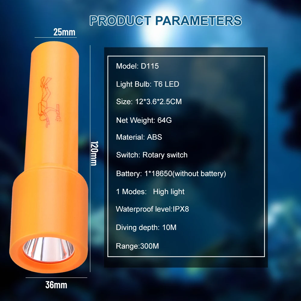 Stiprus Šviesos diodų (LED) Nardymo Žibintuvėlis IPX8 Vandeniui Šviesos Kompaktiškas Ir Lengvas Fiksuotas Fokusavimas Povandeninis Žibintuvėlis