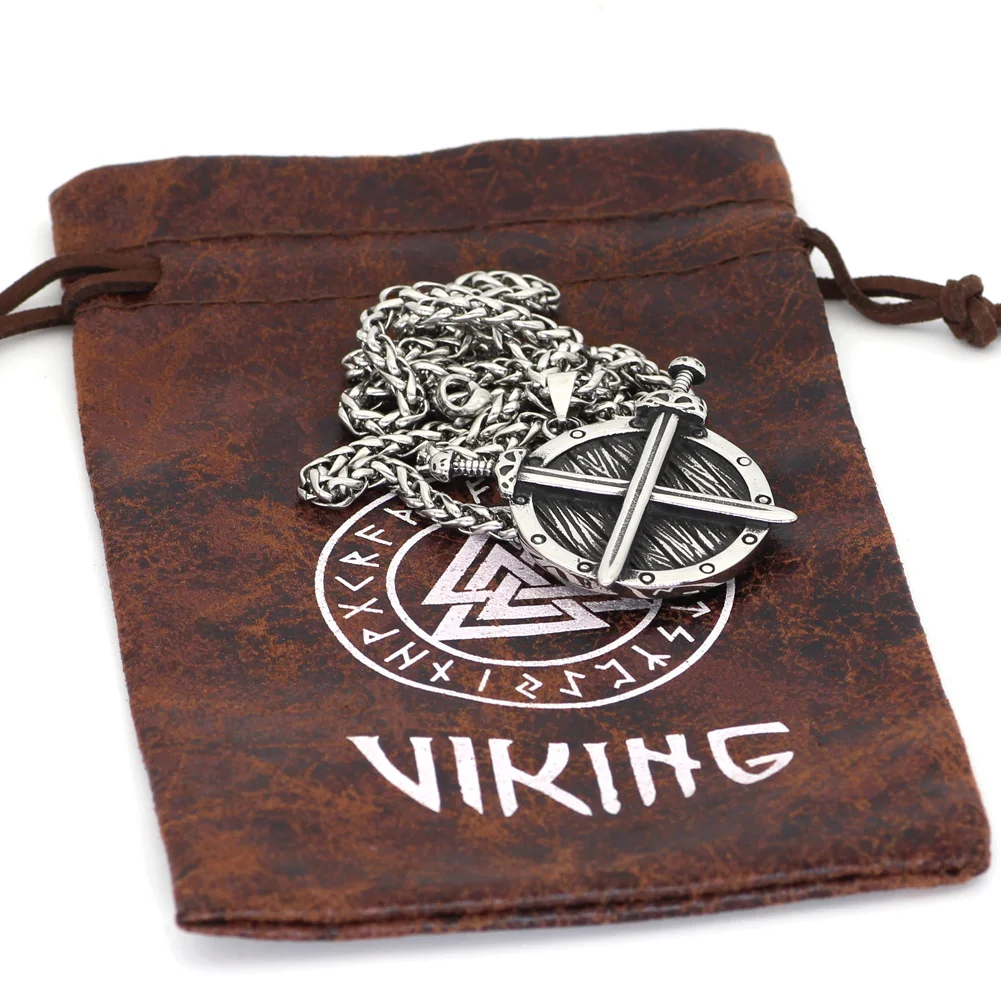 Vyrai Šiaurės vikingų Skydas, Kardas, Talismanas Rune karoliai iš nerūdijančio plieno su viking dovanų maišelis