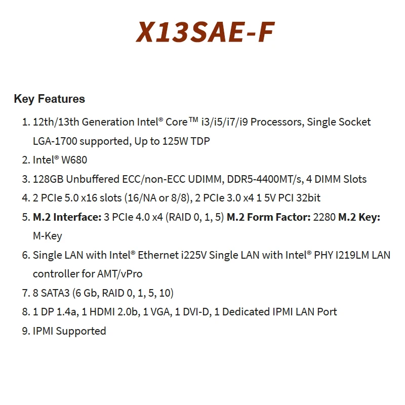 X13SAE-F Supermicro ATX motininė Plokštė,LGA 1700,12 osios Kartos i3/i5/i7/i9 Procesorių,DDR5-4400MHz,PCI-E 5.0 x16 Lizdas