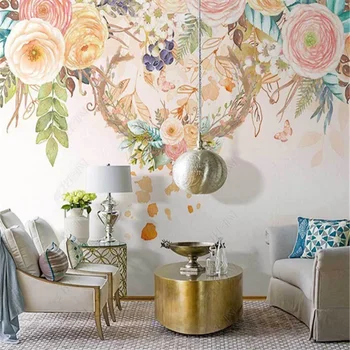 Šiaurės Amerikos kambarį freskomis tapetai mažų šviežių gėlių elnių ragai sielovados fono sienos dokumentų namų dekoro miegamasis freskos