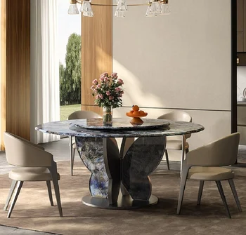 Šviesos prabanga apvalaus valgomojo stalo, šiuolaikiška ir paprasta high-end namų roko plokštė apskritas valgomojo stalas su patefonu